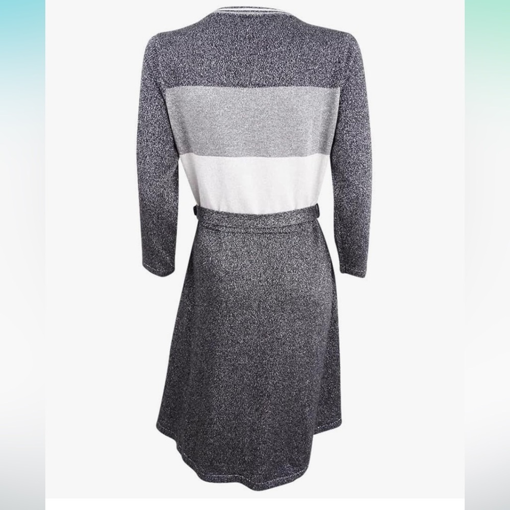 Calvin Klein Sparkle Metallic Sweater Belted Gray Dress, Sz L - Picture 4 of 5